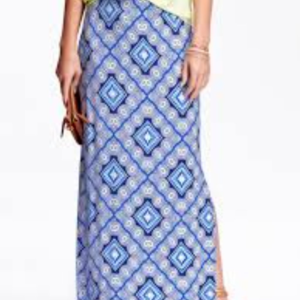 Old Navy Maxi Skirt Large Blue Geometric Long Unlined Pull On Slit Both Sides